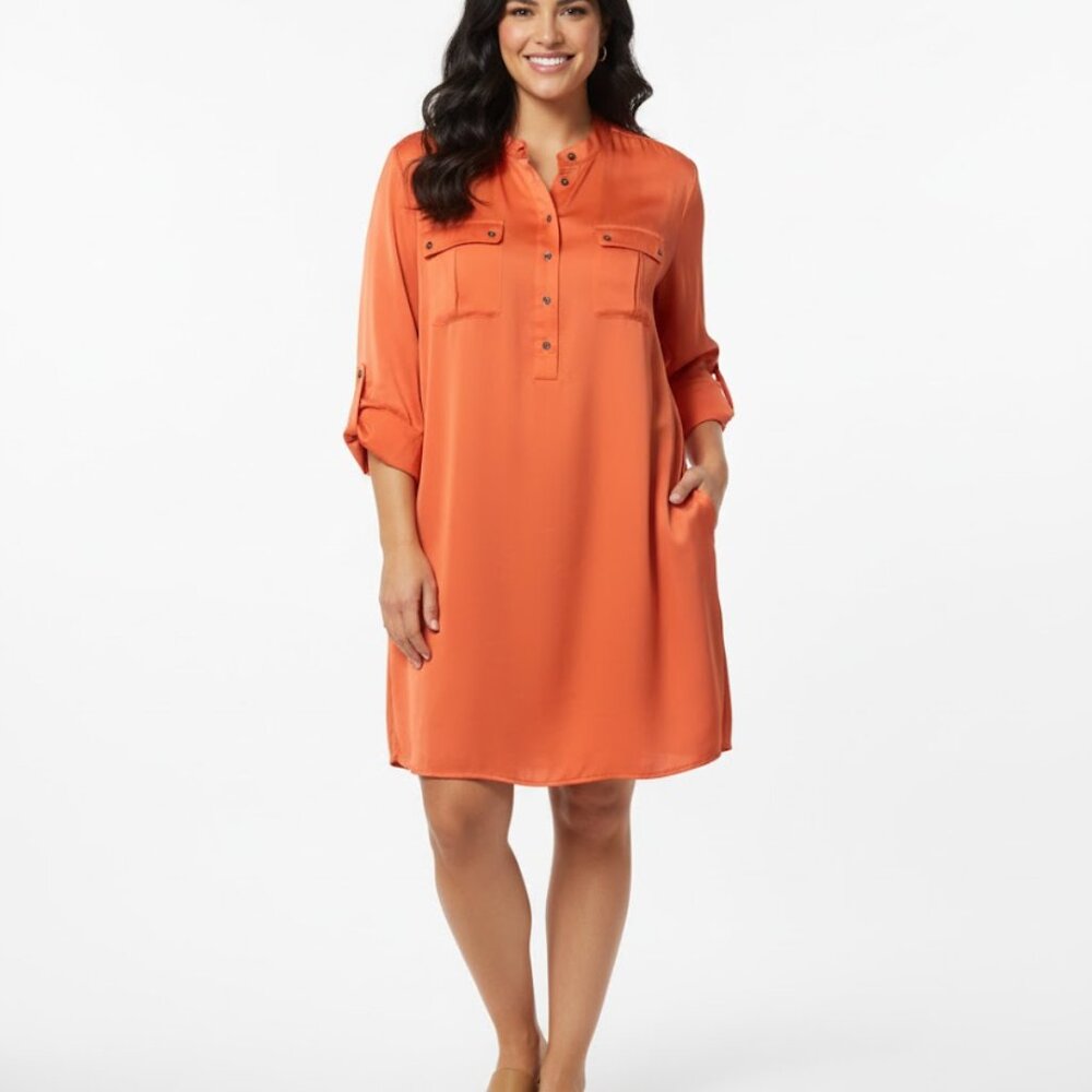 NEW YORK & COMPANY ORANGE SHIRT DRESS SZ XL NEW WITHOUT TAGS CONVERTIBLE SLEEVES